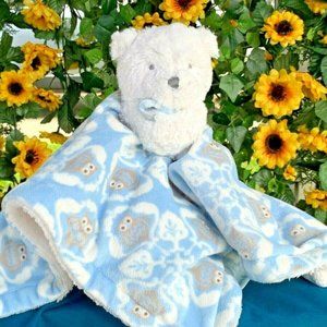 Blankets & Beyond White Teddy Bear Owl Print Security Blanket Plush Stuffed‎ Toy